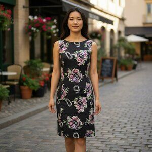 Hilo Hattie Silk Dress Size 10 Black Floral Ukulele Lei Print Aloha Hawaiian Vib